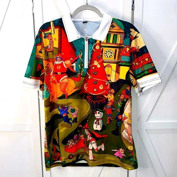 Men's Funny Circus Christmas 1/4 Zip Short Sleeve Holiday Shirt Size Medium - Picture 1 of 14